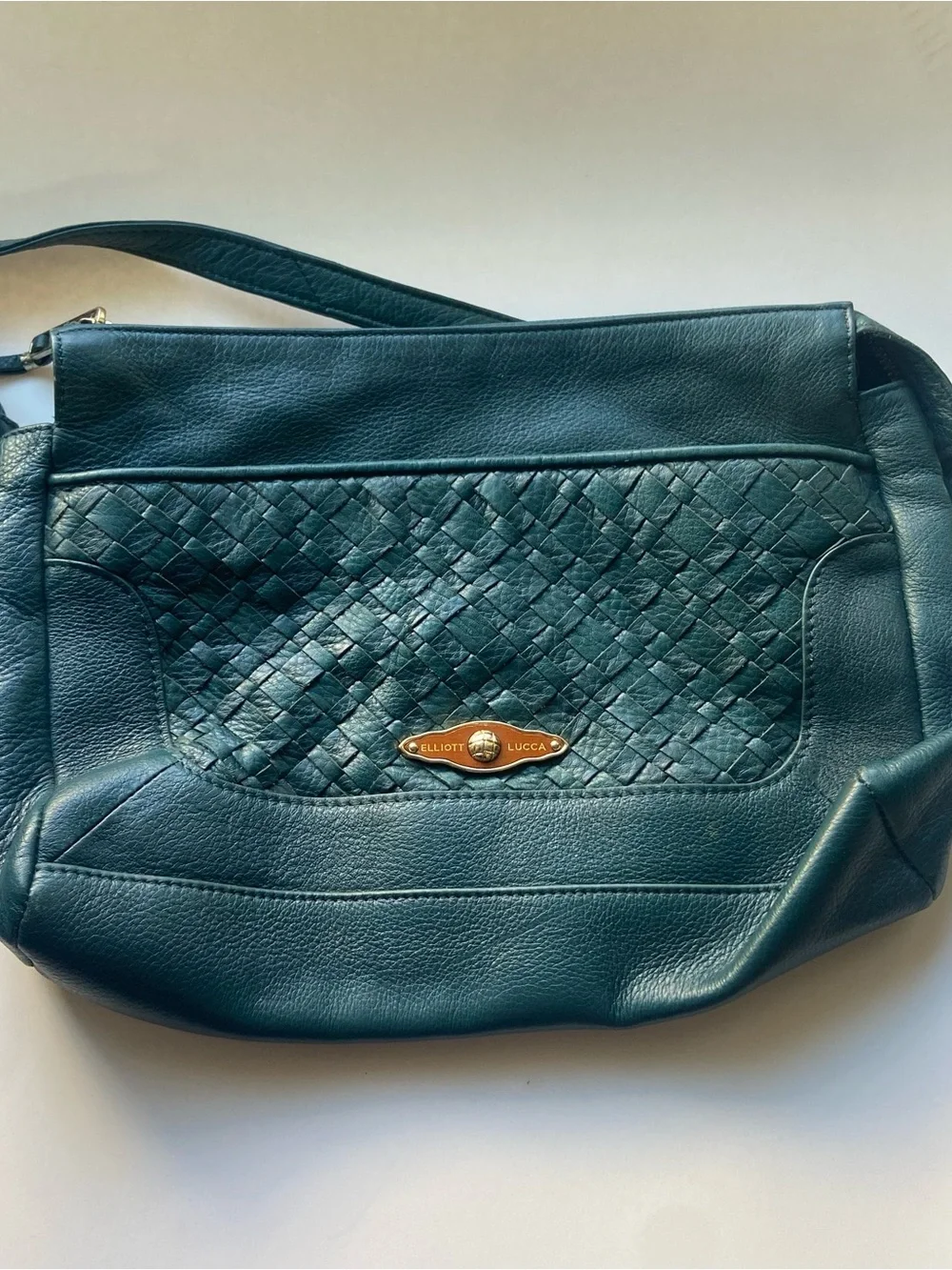 Elliott Lucca Teal Woven Leather Shoulder Bag with Branded Plaque